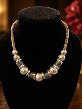 Gold-Tone Bead & Mesh Statement Necklace